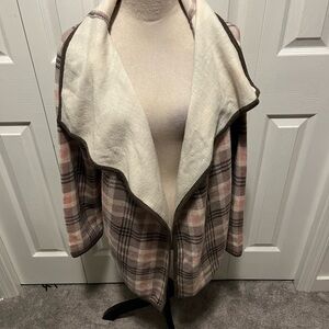Plaid Open-Front Women's Coatigan in Pink and Cream